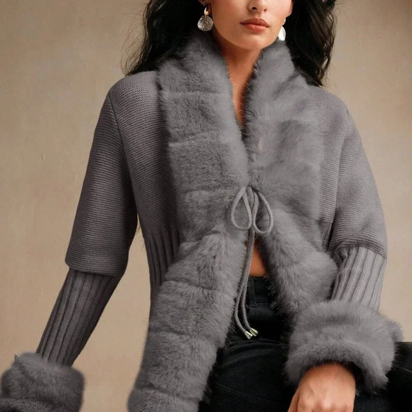 Dark Grey Casual Women's Elegant Faux Fur Knit Cardigan Sweater - Picture 3 of 8